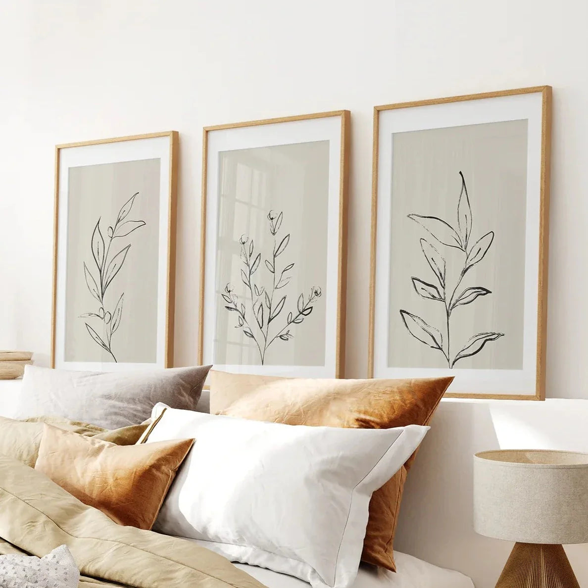 Botanical one-line leaf wall art set of 3 in neutral tones