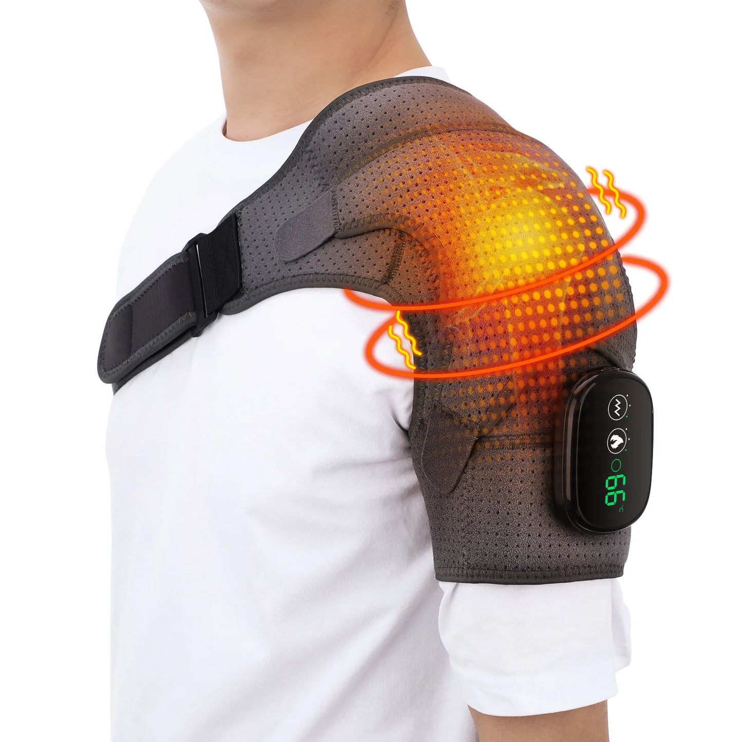 Breathable heated shoulder wrap material with perforated design for comfort