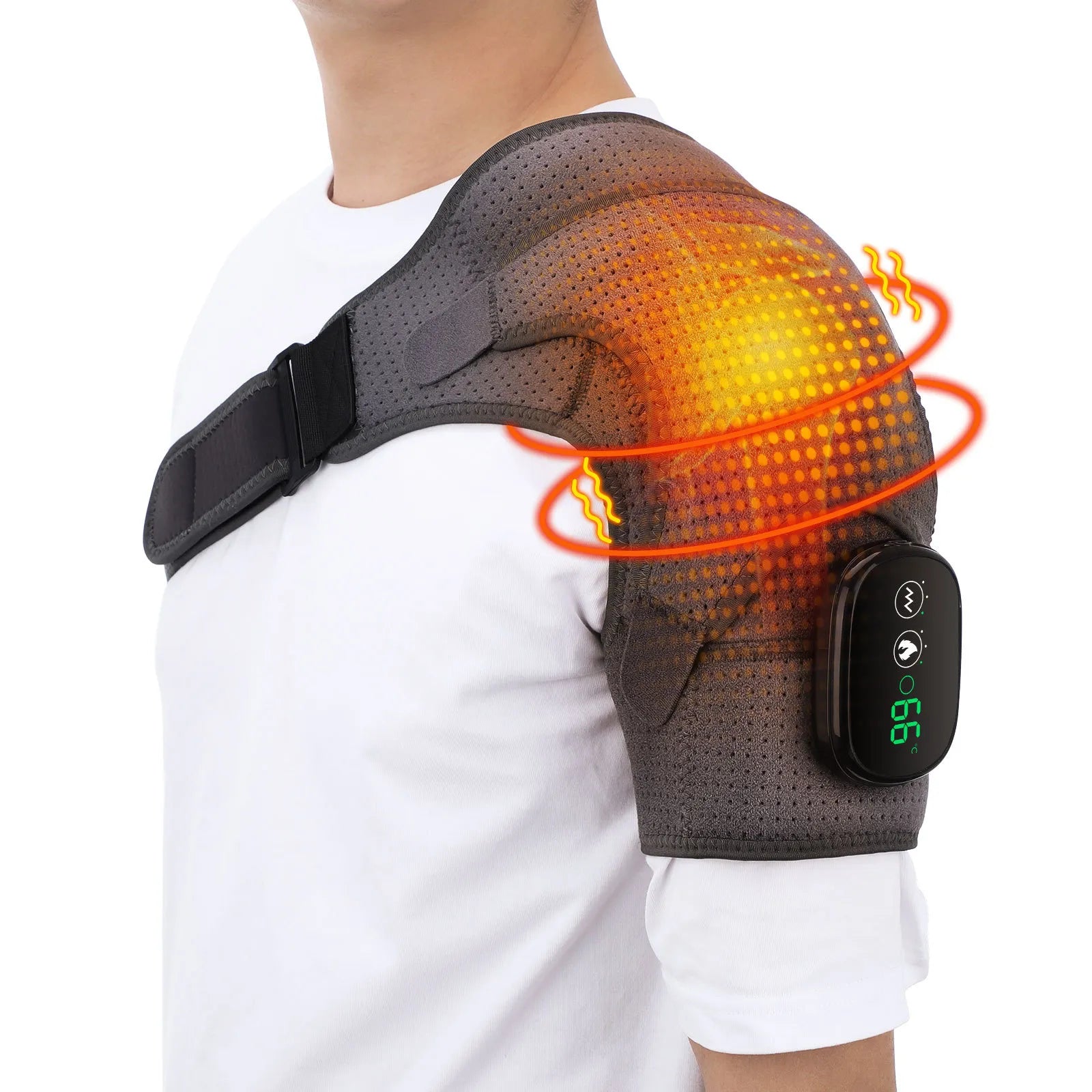 Breathable heated shoulder wrap material with perforated design for comfort
