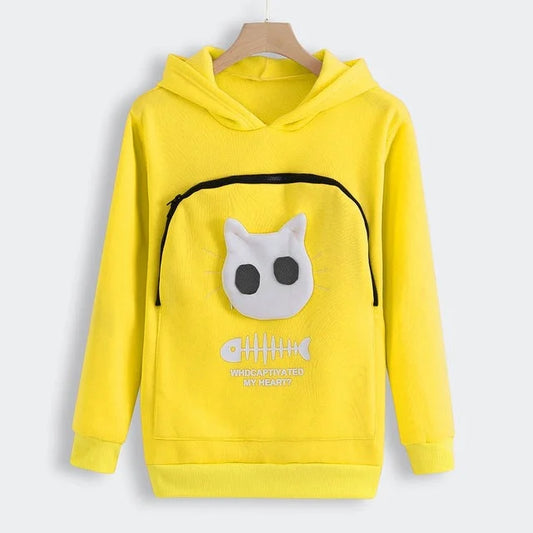 Bright yellow hoodie with cat-face pouch and fishbone graphic on the front.