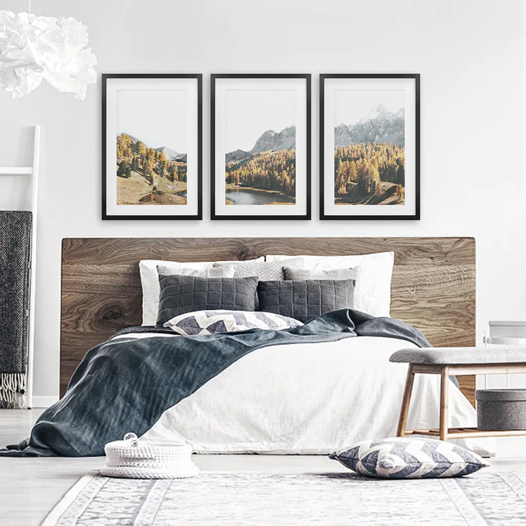 Autumn Forest Mountain Lake Wall Art, 3 Piece Set