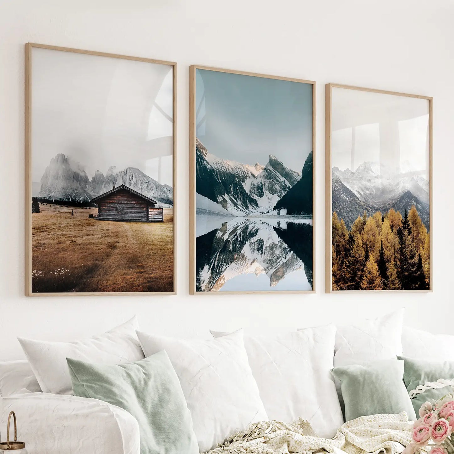 Nordic autumn mountain lake and misty forest 3 piece wall art set