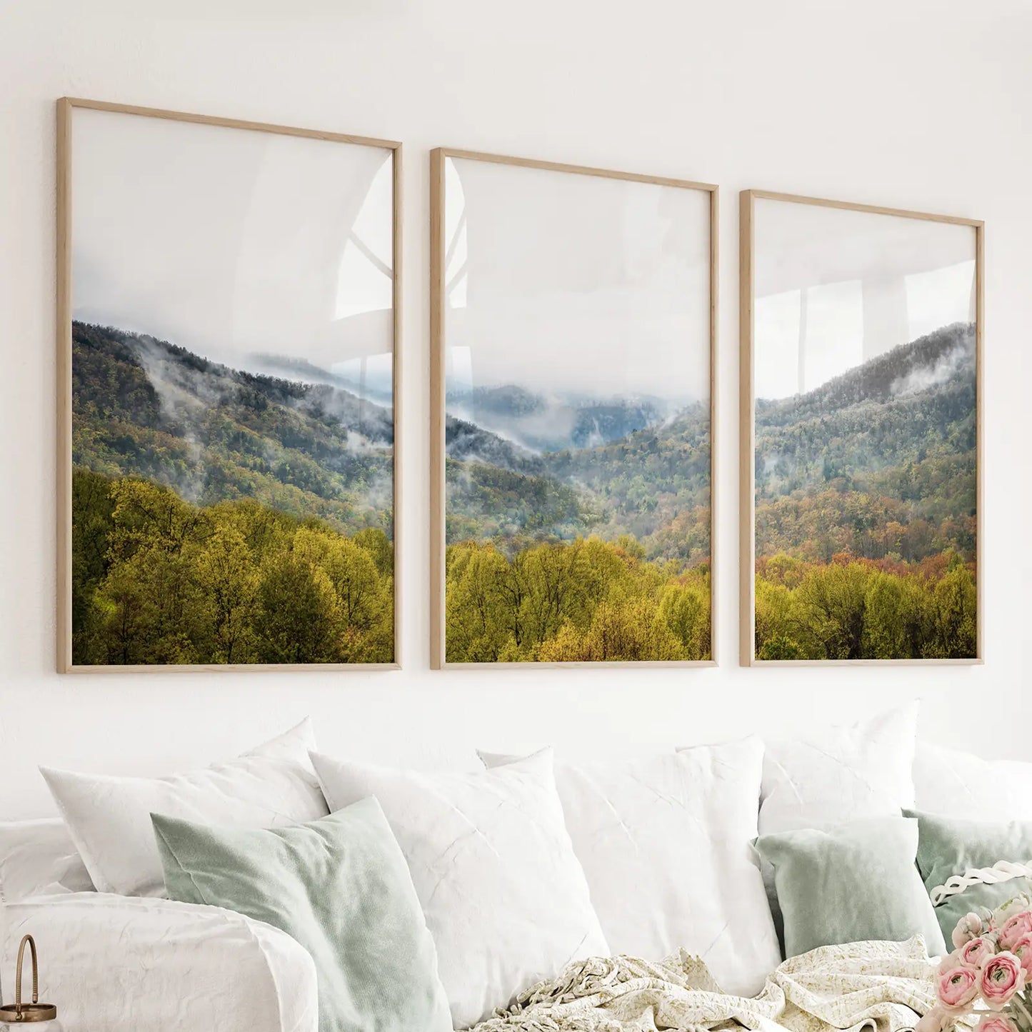 Three panel green forest and misty mountain triptych
