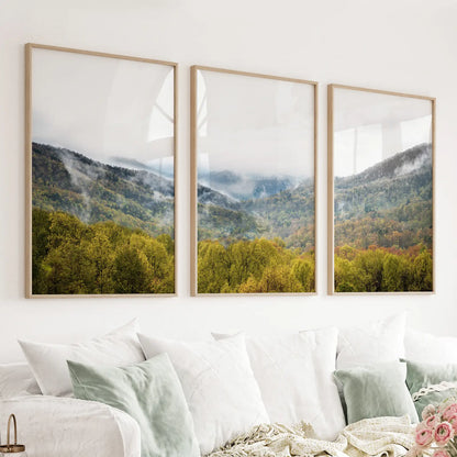 Three panel green forest and misty mountain triptych