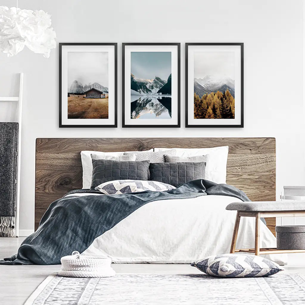 Autumn Mountain Lake Wall Art, Nordic 3 Piece Set