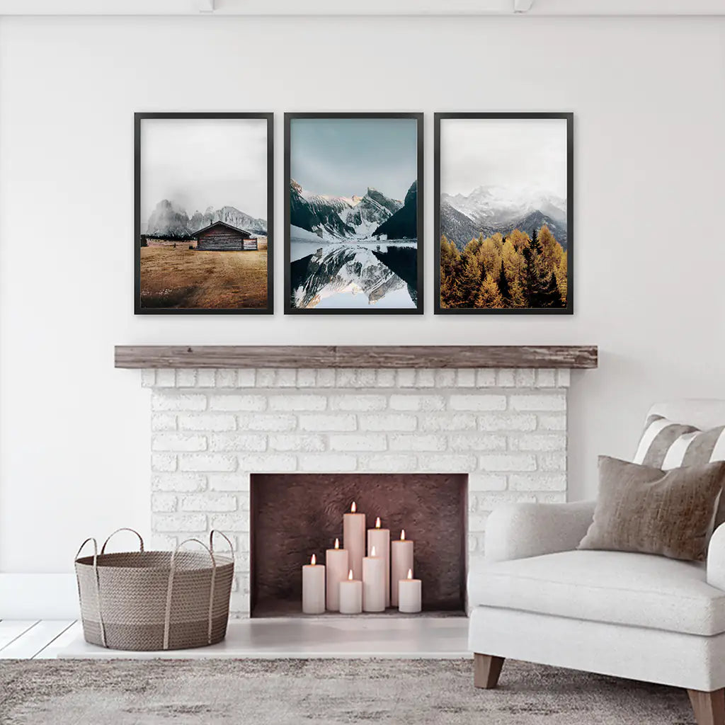 Autumn Mountain Lake Wall Art, Nordic 3 Piece Set
