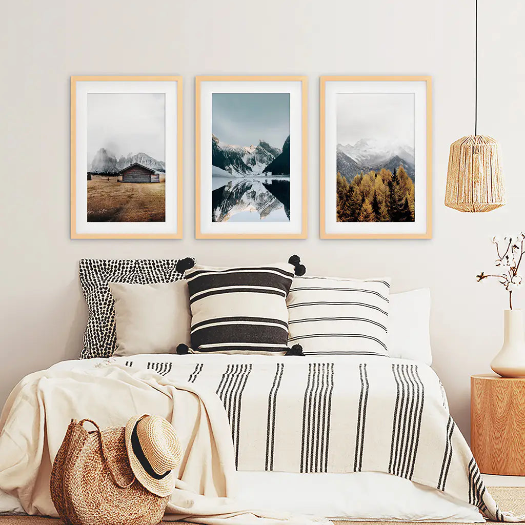 Autumn Mountain Lake Wall Art, Nordic 3 Piece Set