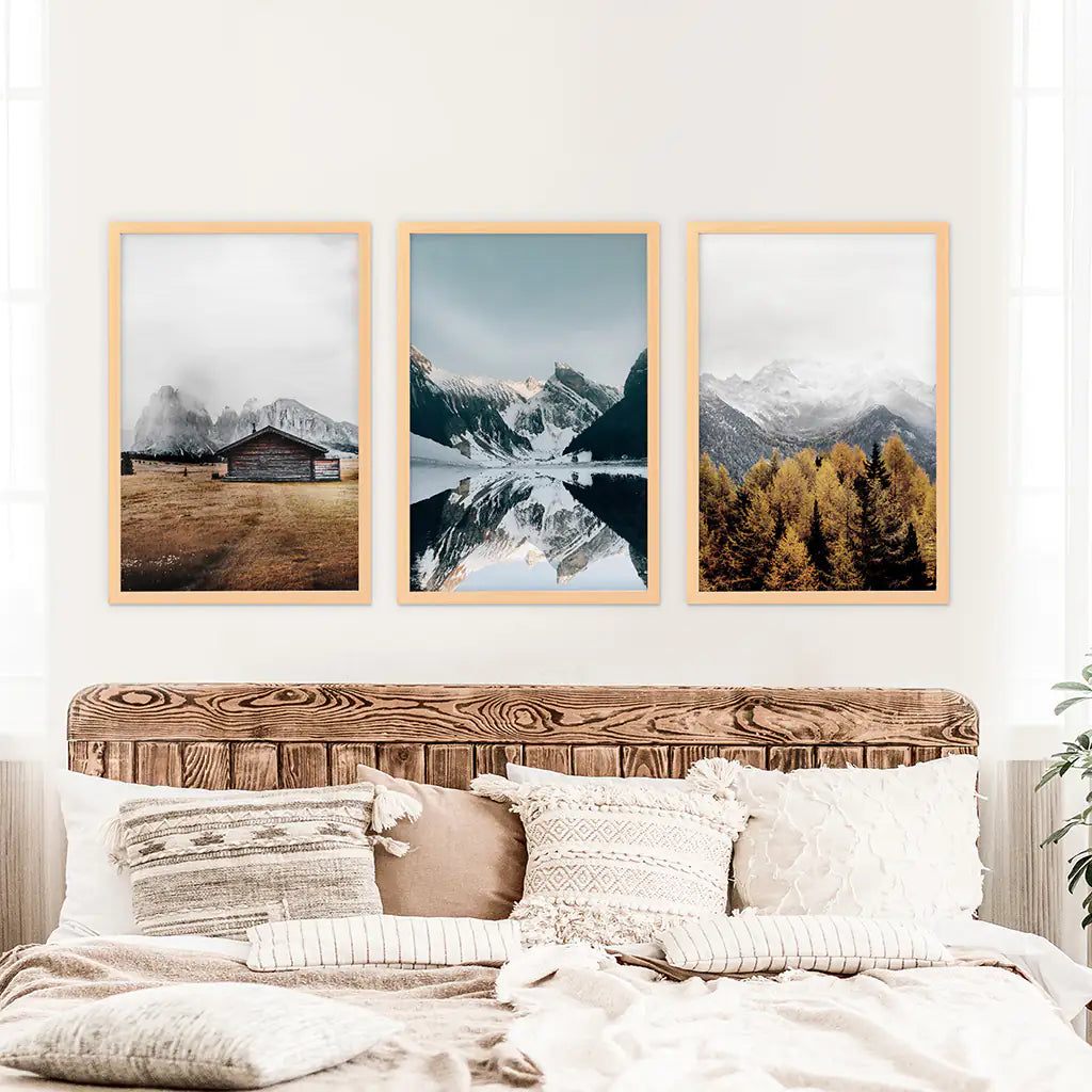 Autumn Mountain Lake Wall Art, Nordic 3 Piece Set