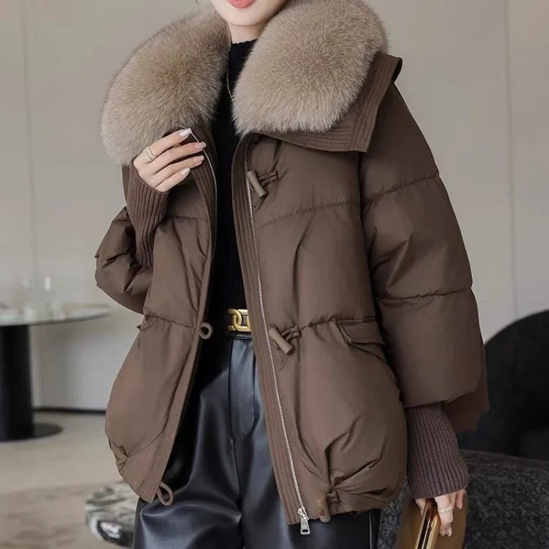 Brown down cotton padded jacket women's with fur collar front view worn style