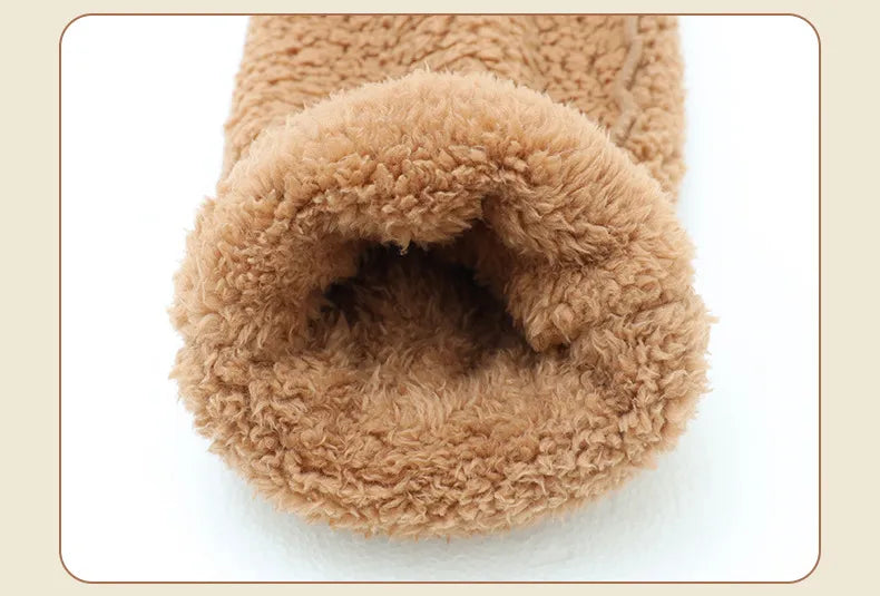 Brown fuzzy knee high socks folded showing thick soft material