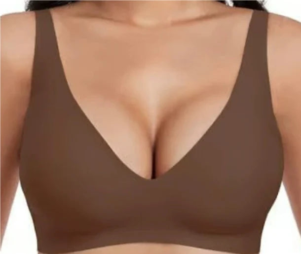 Brown jelly bra worn by a person on a white background