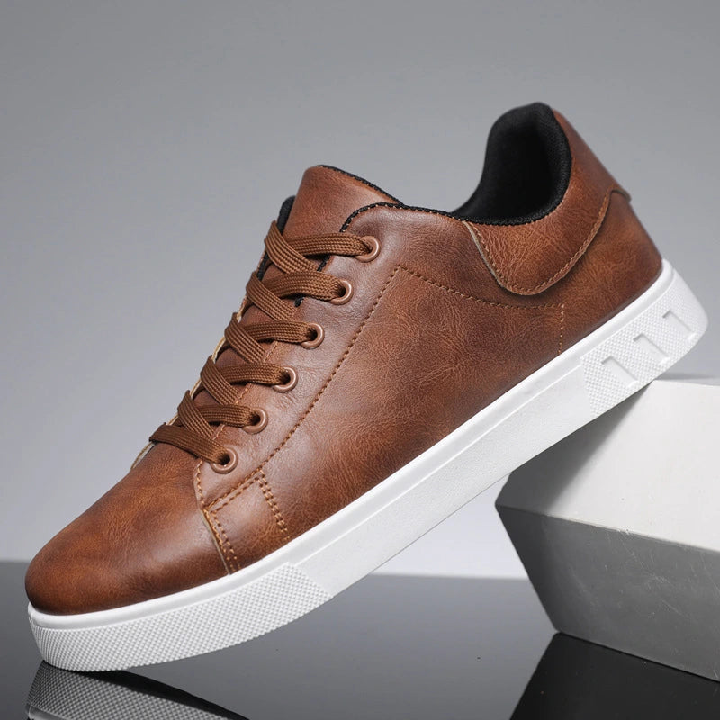 Brown mens casual leather sneakers with white sole and lace up design