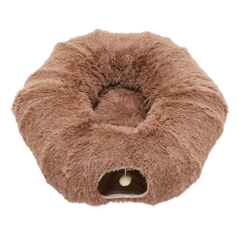 Brown plush donut cat tunnel bed with soft peekaboo cave and hanging ball toy