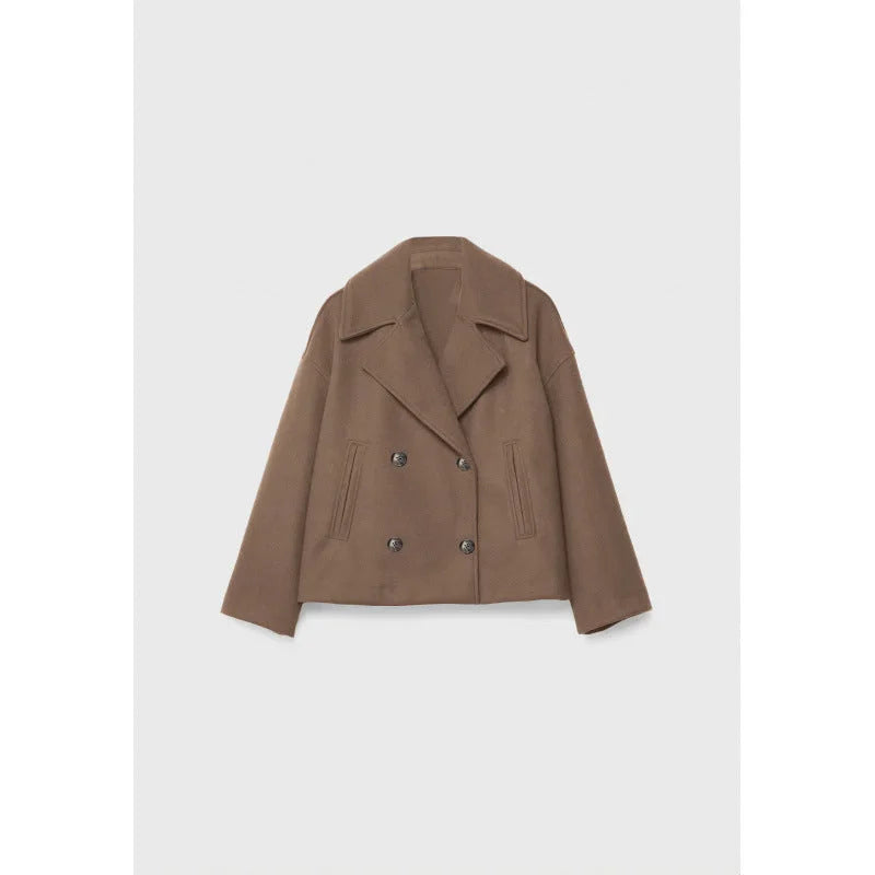 Brown women's double breasted lapel blazer flat lay showing button and pocket details