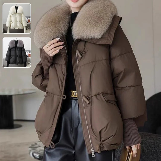 Brown women's down cotton padded jacket showing white and black color options
