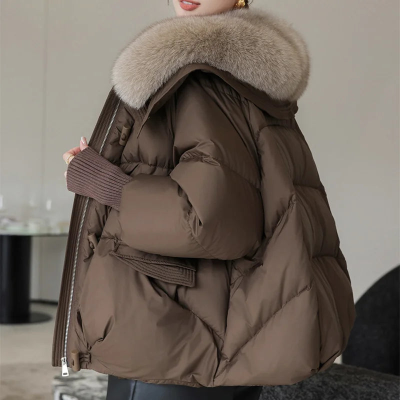 Brown women's down cotton padded jacket side view showing fur collar detail