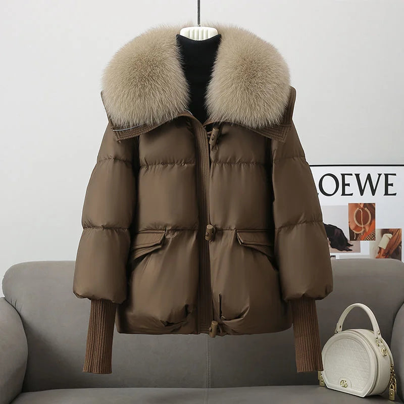 Brown women's down cotton padded jacket with fur collar and ribbed cuffs