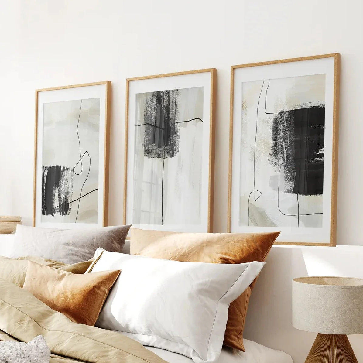 Simple abstract Japandi beige wall art set of 3 prints