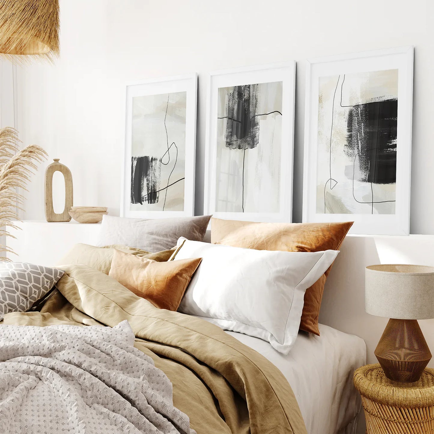 Simple Abstract Wall Art Set of 3, Japandi Beige Decor