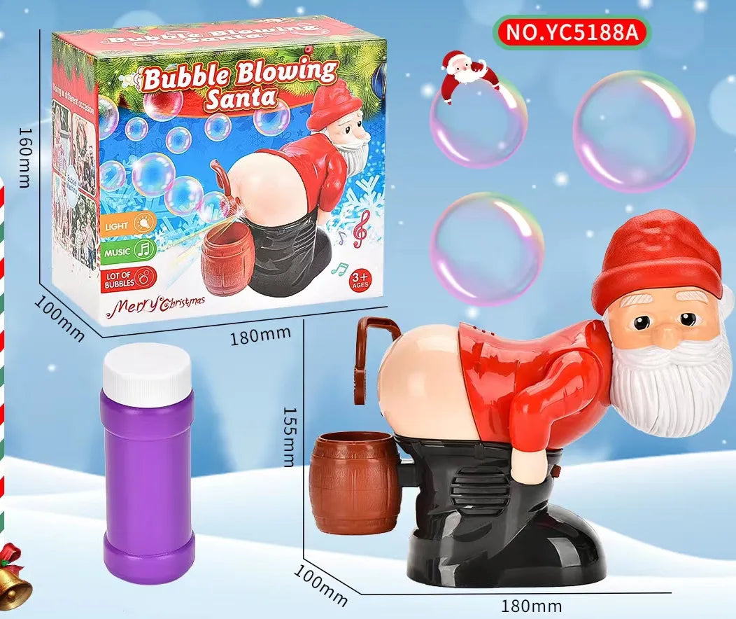 Bubble Blowing Santa toy with packaging, bubble solution, and measurements on a light blue background.
