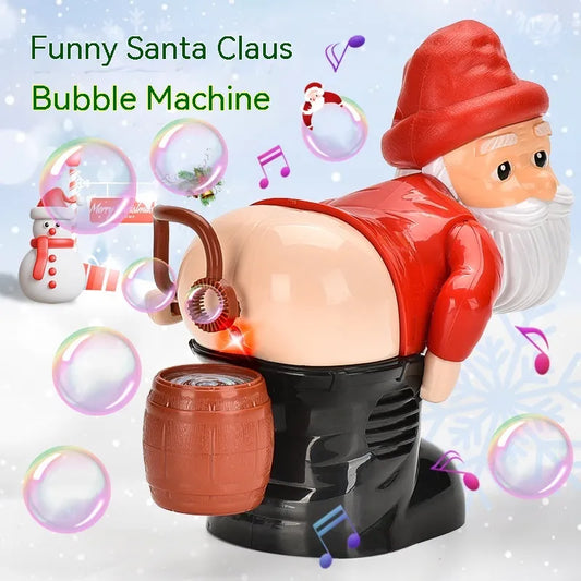 Bubble machine shaped like a humorous Santa Claus figure with bubbles and snowman in the background.