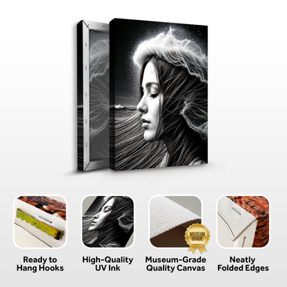 Windswept profile canvas front and side, with text: Ready to Hang Hooks, High-Quality UV Ink, Museum-Grade Quality Canvas, Neatly Folded Edges