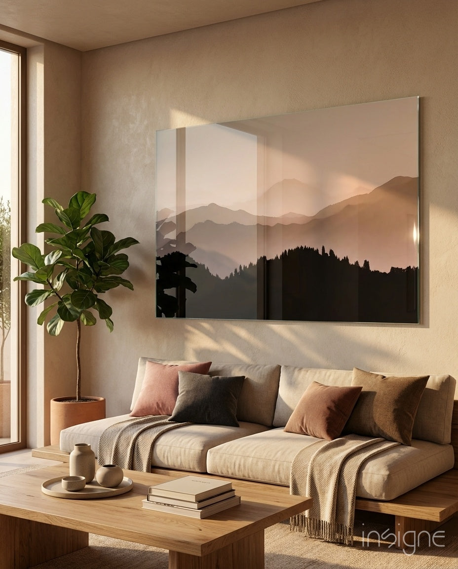 Sepia mountain ridges pine forest glass wall art