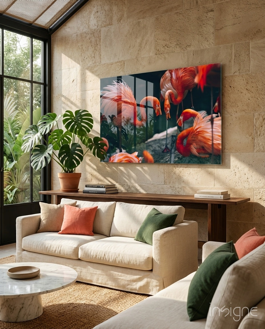 Pink flamingo flock glass wall art