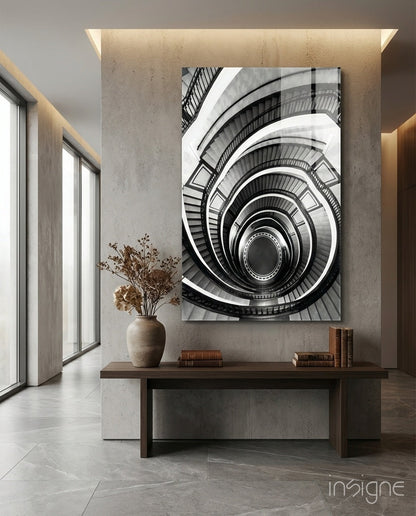 Monochrome spiral staircase glass wall art