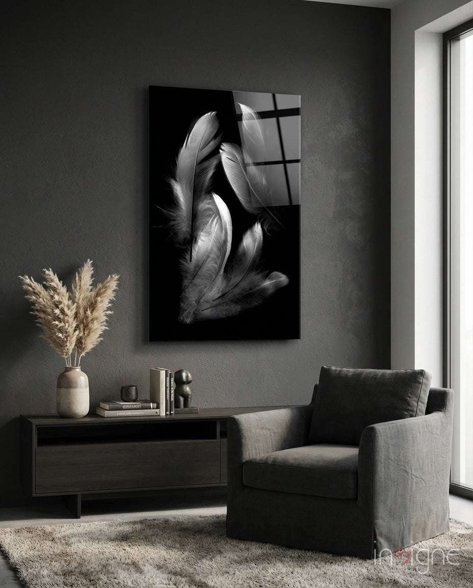 Silver feather cluster fine-art glass wall art