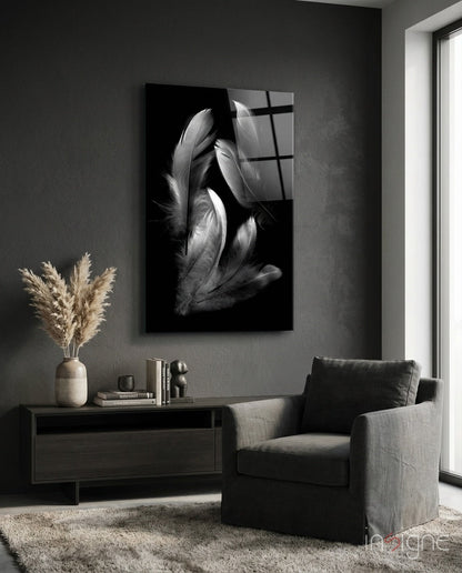 Silver feather cluster fine-art glass wall art