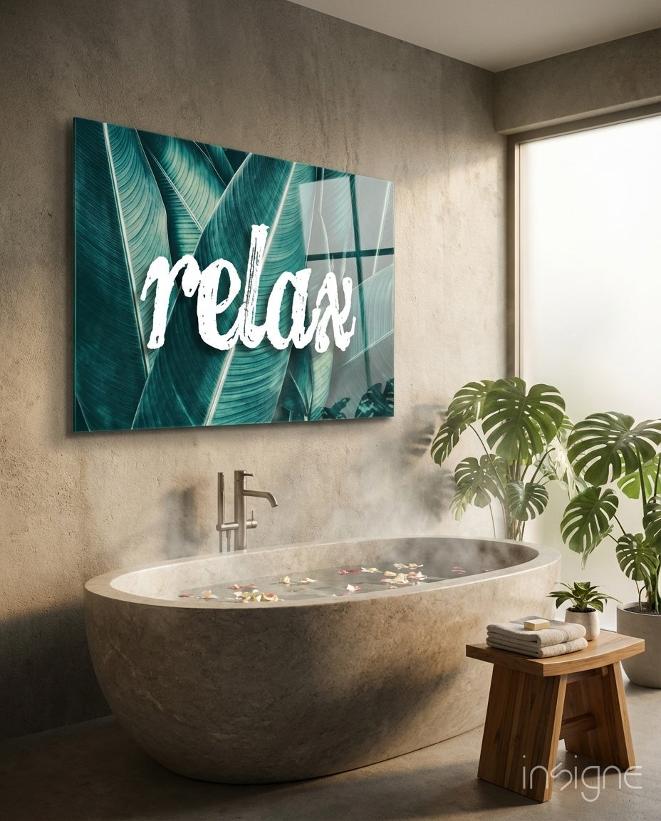 Relax script over teal banana leaves glass wall art