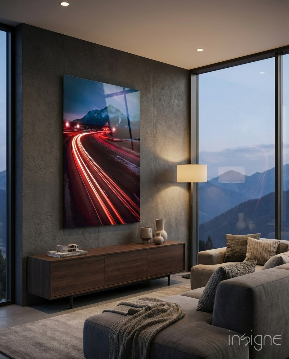 Mountain highway twilight light trails glass wall art