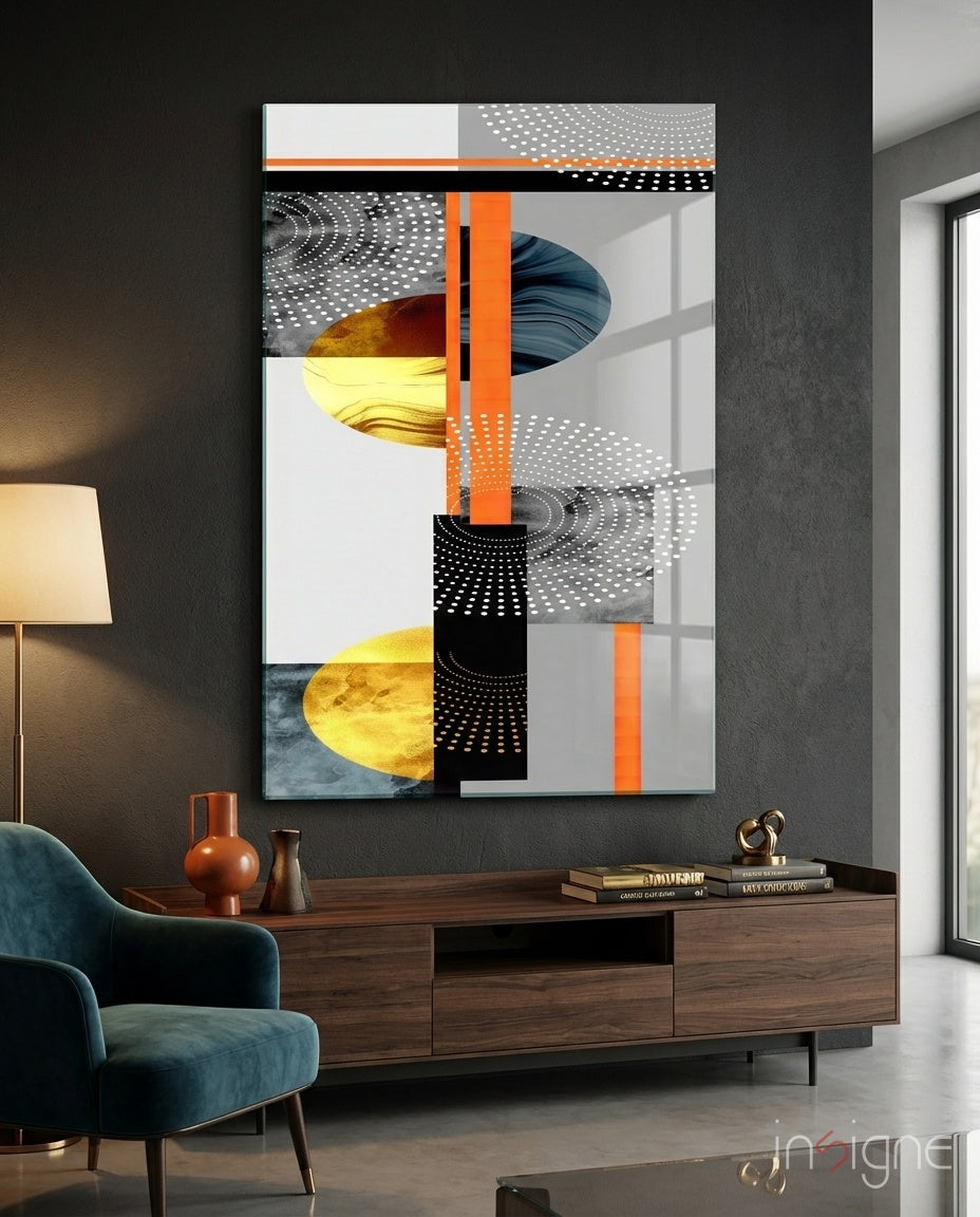 Geo Stack Art Deco Glass Wall Art in orange and navy tones