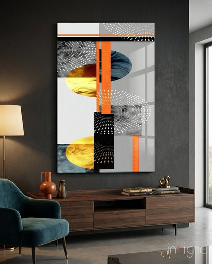 Geo Stack Art Deco Glass Wall Art in orange and navy tones