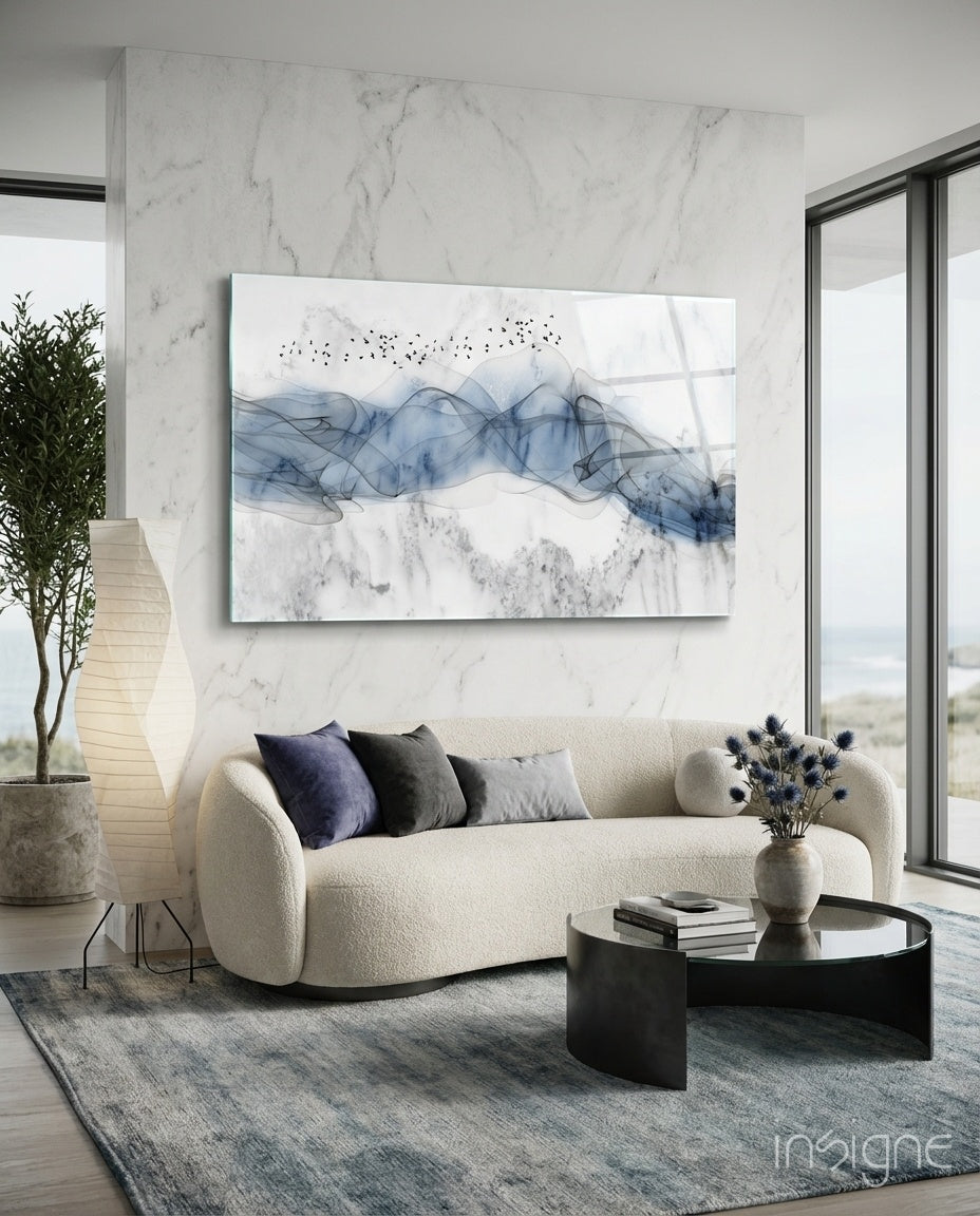 Cobalt ink drift glass wall art, blue ink wisp and scattering birds on marble