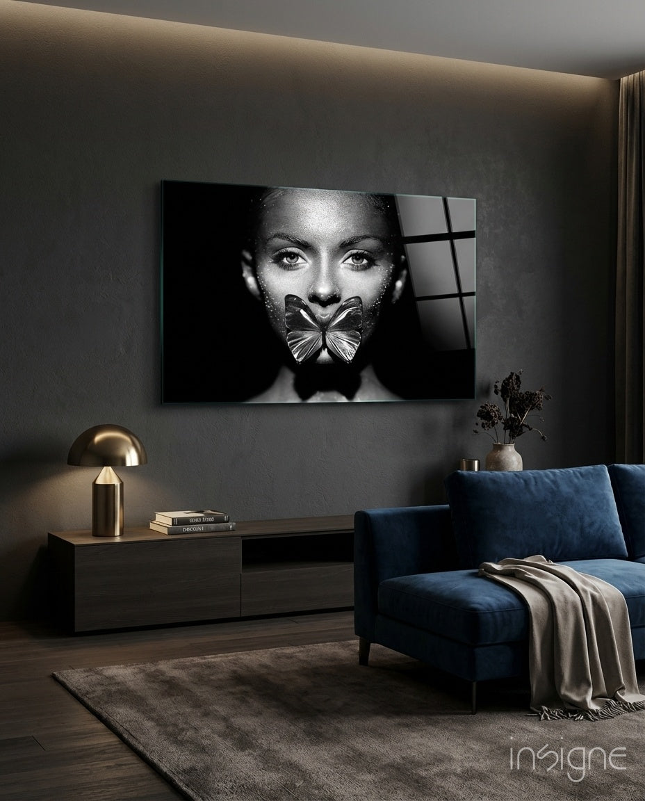 Butterfly lips portrait tempered glass wall art
