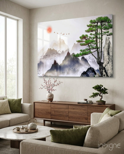 Sumi-e mountain pine glass wall art print