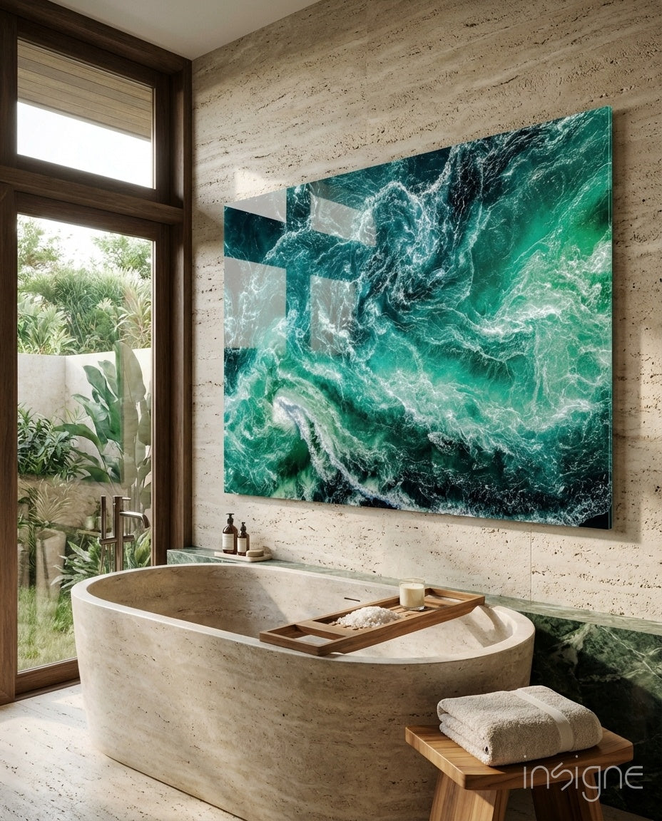 Green waves aerial ocean glass wall art in emerald and cyan tones on high-gloss tempered glass