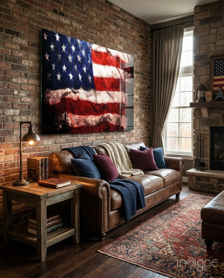 USA Flag tempered glass wall art on a wall