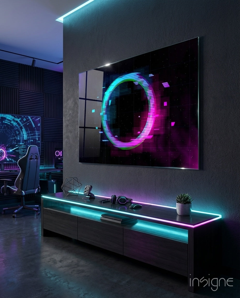Neon ring synthwave glass wall art in teal and magenta