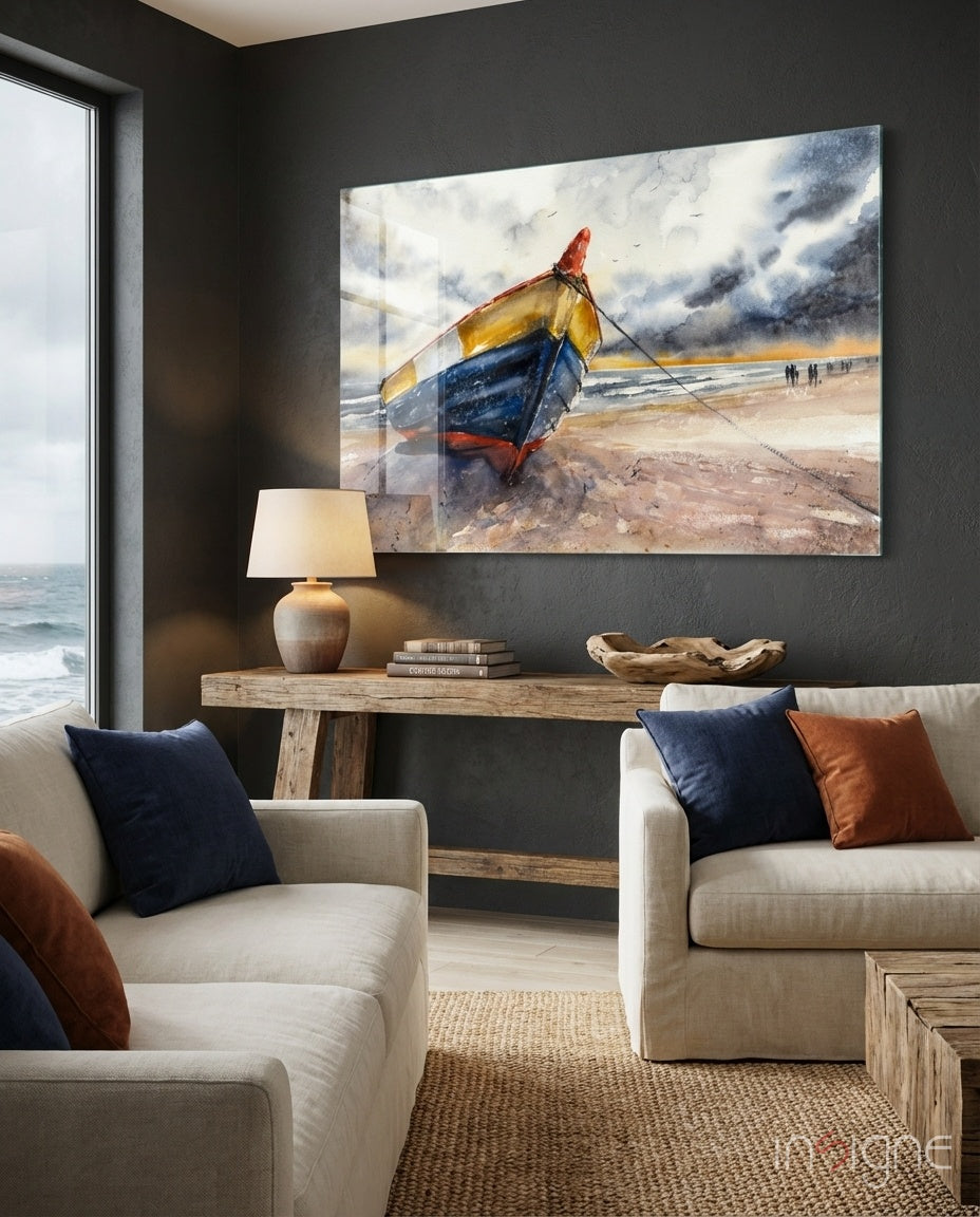 Fishing boat glass wall art coastal maritime scene