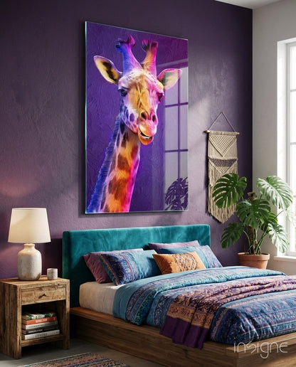 Purple Pink Painted Giraffe glass wall art with bold brushstroke portrait