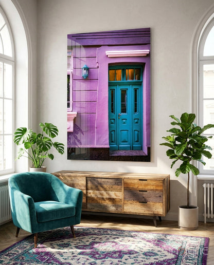 Purple House glass wall art with teal door and violet stucco facade