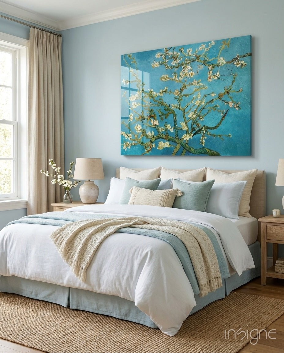 Van Gogh Almond Blossom Turquoise Glass Wall Art