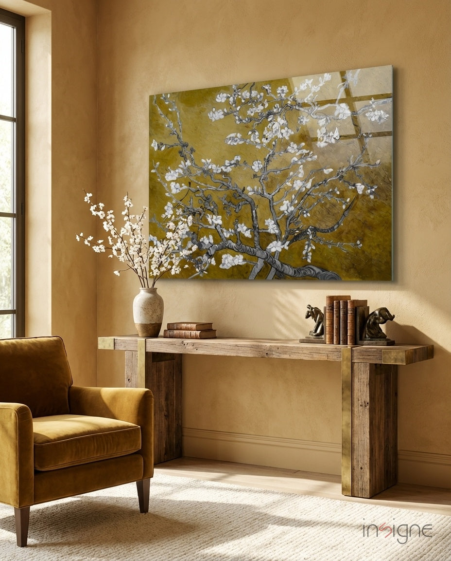Van Gogh Almond Blossom Mustard Glass Wall Art