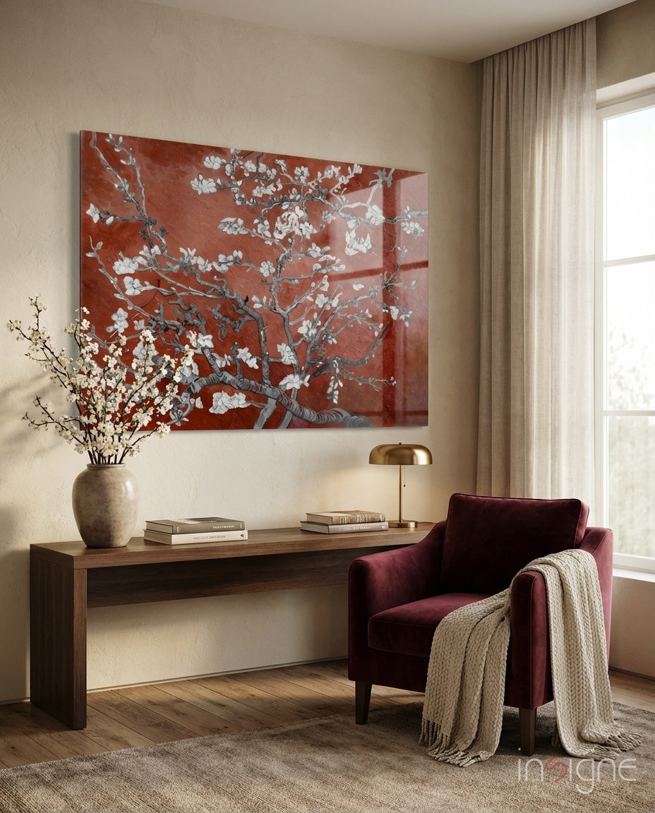 Van Gogh Almond Blossom Rust Glass Wall Art