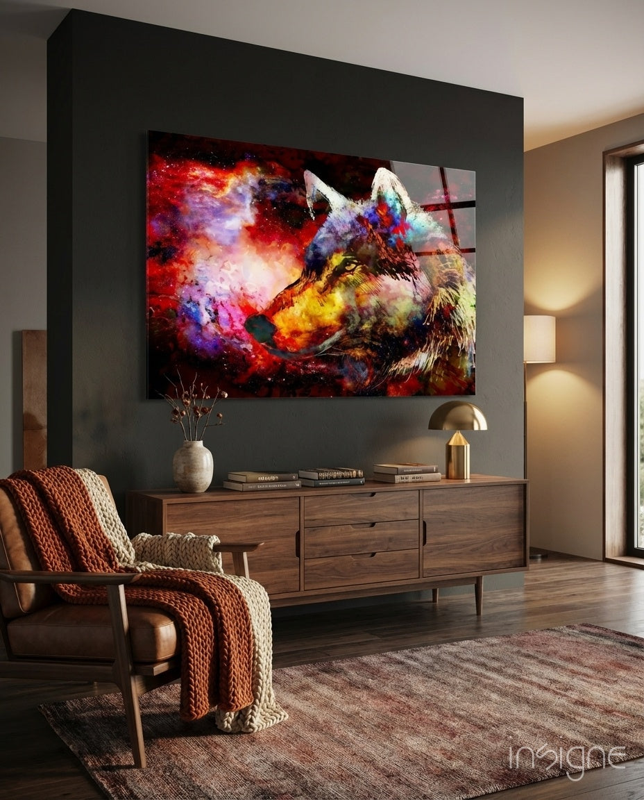 Colorful wolf glass wall art in crimson and cobalt nebula