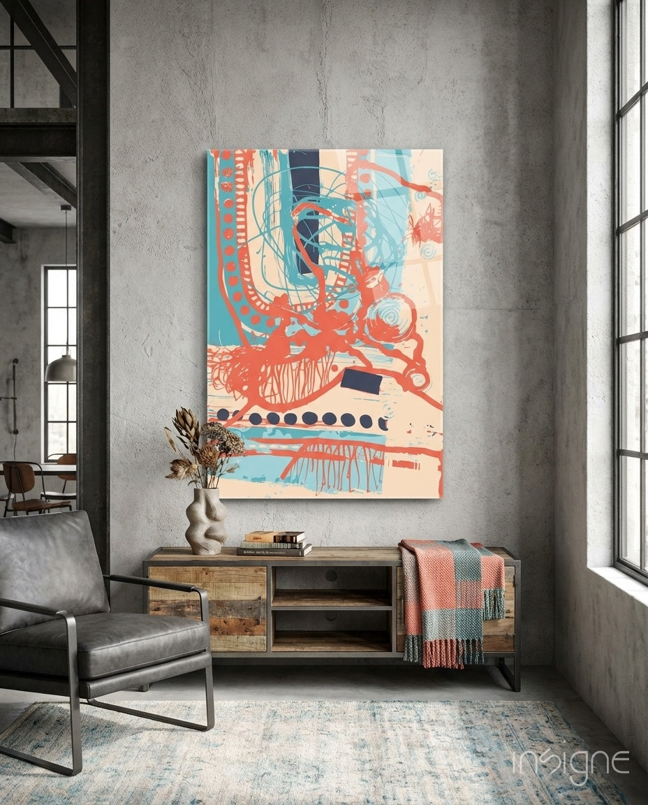 Abstract Colors glass wall art coral and teal scribble design