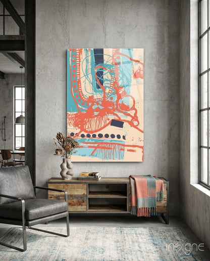 Abstract Colors glass wall art coral and teal scribble design
